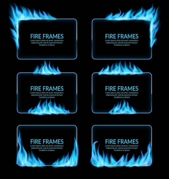 Vector natural gas blue fire flames frame borders