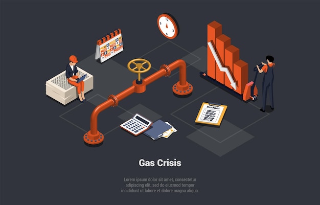 Vector natural gas crisis embargo default economy crisis bankruptcy people workers making natural gas supplies planning budget and control mutual settlements isometric 3d cartoon vector illustration
