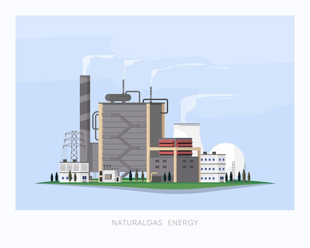 Vettore la centrale elettrica a gas naturale a gas naturale fornisce elettricità alla fabbrica e alla città