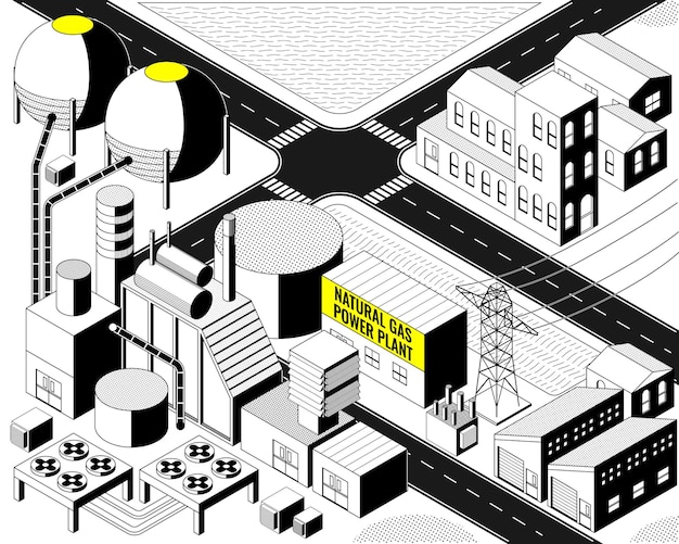 The natural gas energy, natural gas  power plant with isometric graphic