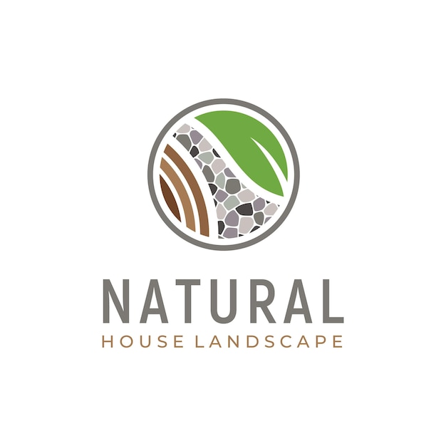 自然の砂利岩石通り緑の植物の葉自然の田舎の風景のロゴのための木製のトランクウッド