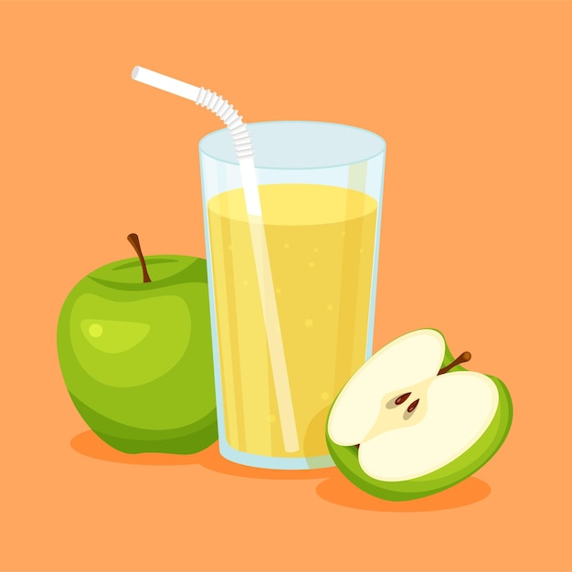 Natural green apple juice in a glass. fresh squeezed fruit juice with cut slice and drinking straw. healthy organic food.