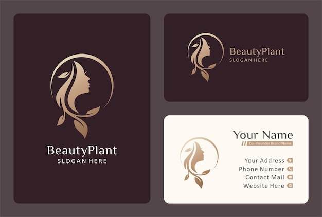 Vector natural hair nutrition logo design, beautiful face chime with leaf symbol.