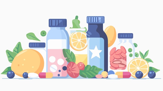natural health products and pills on white background vector illustration