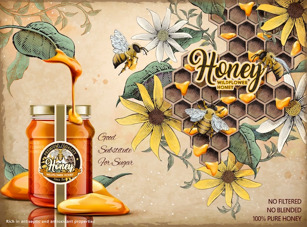 自然な蜂蜜の広告、イラストの現実的なガラスの瓶で葉から滴り落ちるおいしい蜂蜜、エッチングシェーディングスタイルのレトロな養蜂場とミツバチの背景