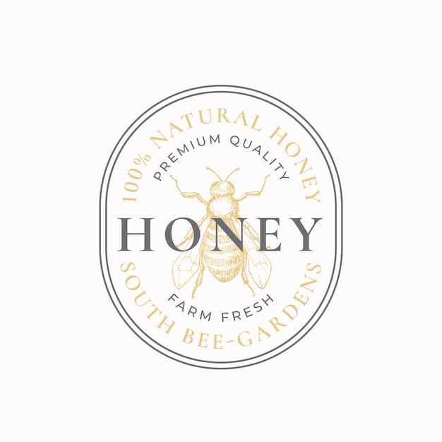Distintivo di miele naturale o modello di logo schizzo di ape disegnato a mano con tipografia retrò e bordi emblema premium vintage in cornice ovale