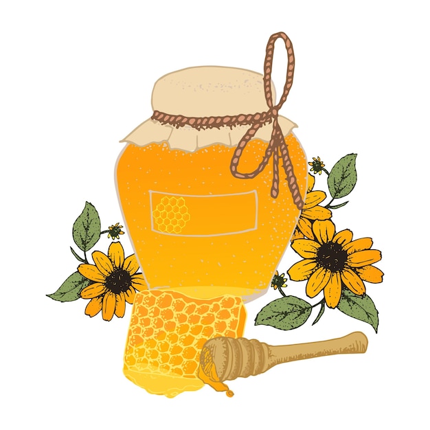 Vector natural honey pot, flower and stick vector illustration.