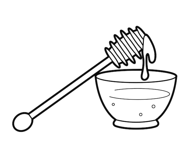 Vector natural honey in transparent plate with wooden spoon design element black and white illustration