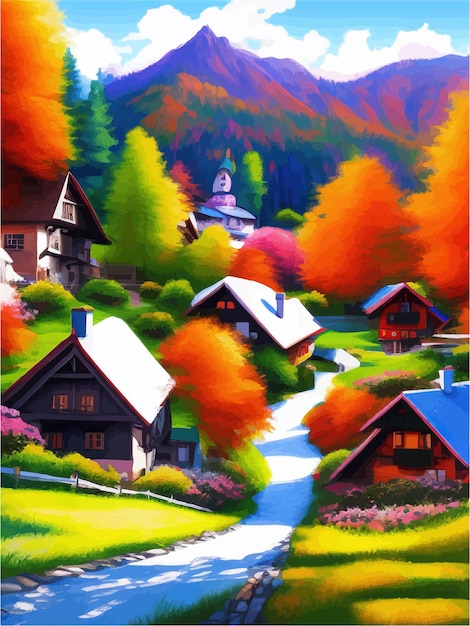 Illustrazione del paesaggio naturale alberi foreste montagne fiori piante case bellissimo paesaggio di