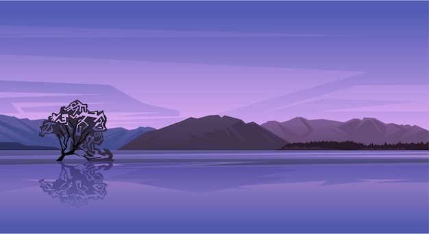 Natural landscape of lake, trees and hills, purple color background