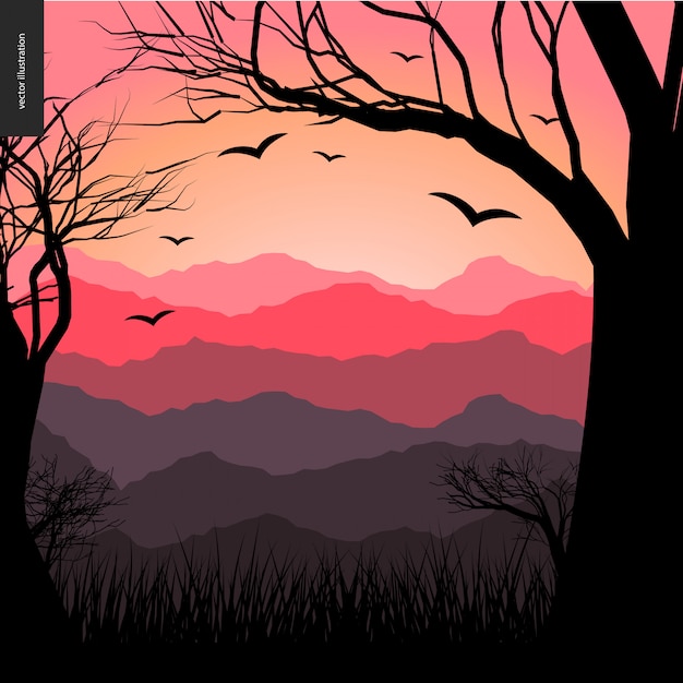 Vector natural landscape at sunset