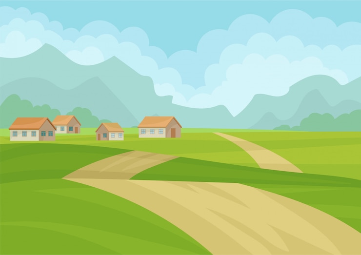 Vector natural landscape with houses, ground road, green meadows and mountains