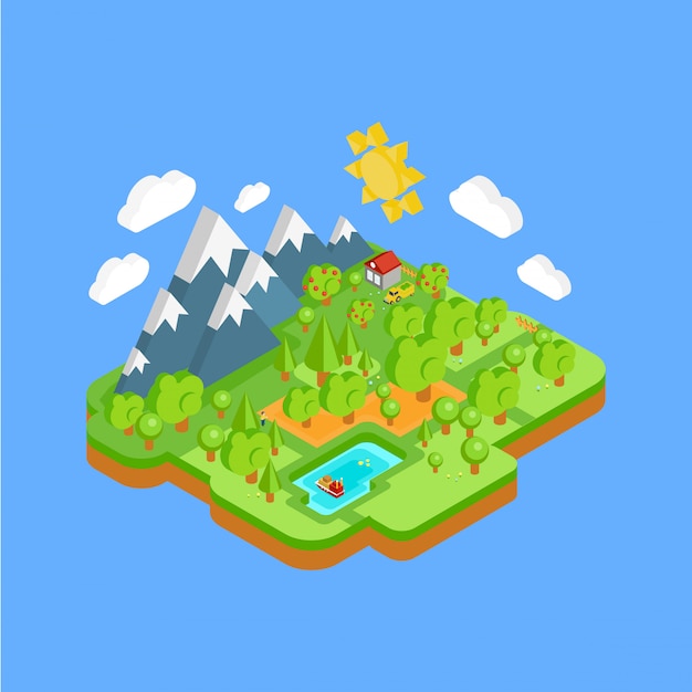 Vector natural landscape with mountains river and forest. flat isometric 3d concept.