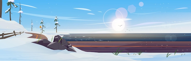 Vector natural landscape with river and snow