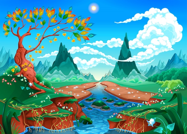 Vector natural landscape with river, tree and mountains