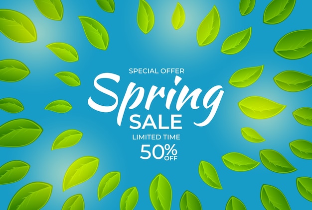 Vector natural light spring sale poster banner background with green sunny leaves.