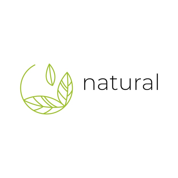 Natural logo with green leaves. Natural, eco. Natural badge for green company. Vector minimalistic line logo in circle form. vactor illustration