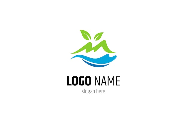 Natural mountain panorama logo with water in simple shape