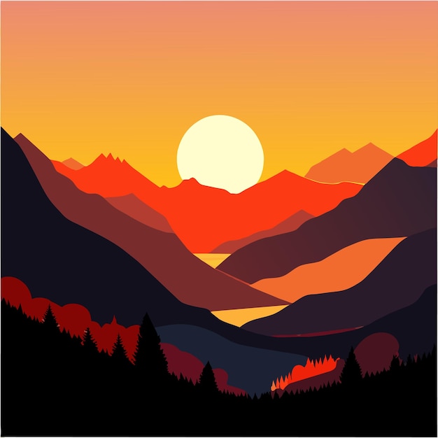 Vettore illustrazione di un tramonto naturale in montagna