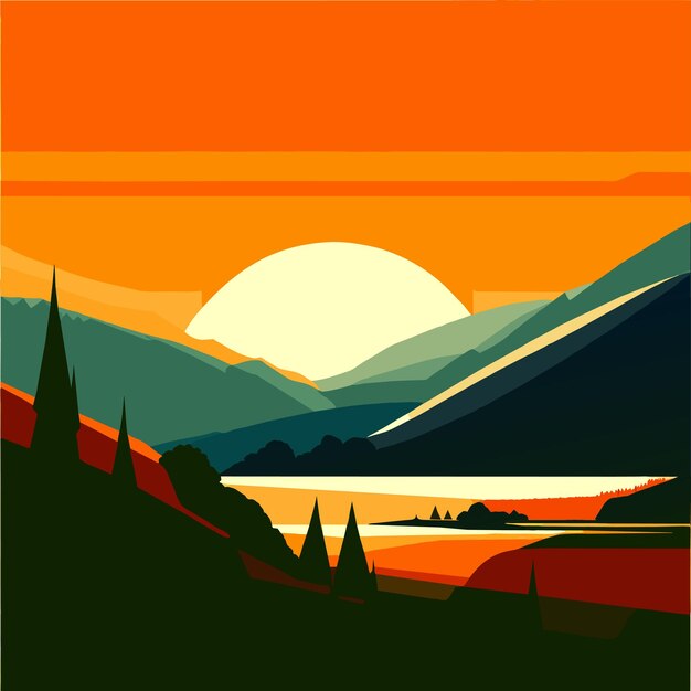 Natural mountain sunset illustration