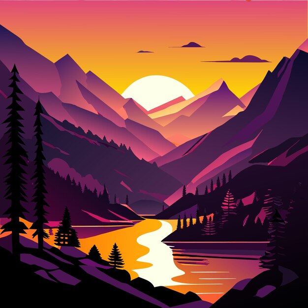 Vector natural mountain sunset illustration