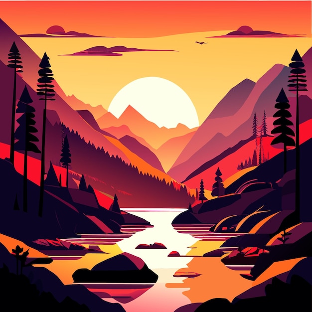 Premium Vector | Natural mountain sunset illustration