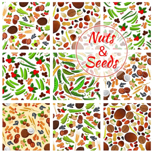 Natural nuts and seeds seamless backgrounds