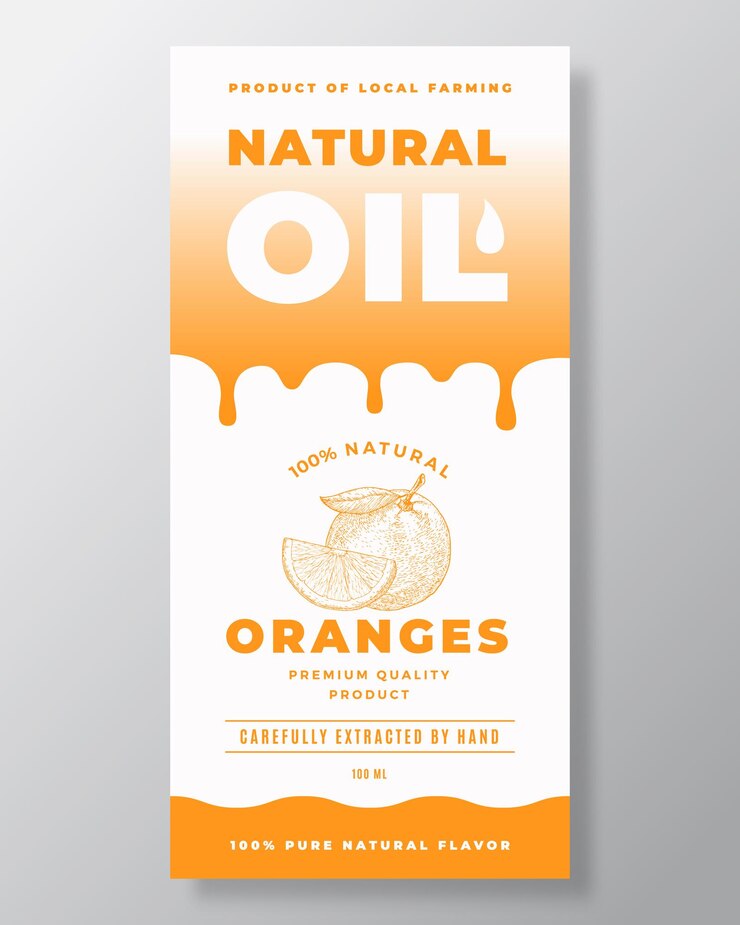 Vector natural oil abstract vector packaging design or label template modern typography gradient drips and hand drawn oranges sketch silhouette background layout