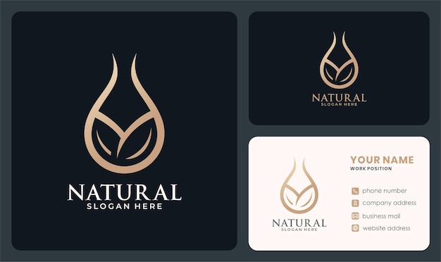 Natural oil drop logo design with leaf shape in a golden color.