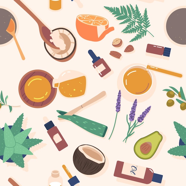 natural oil making pattern seamless design with olive branches almonds coconut lavender and other elements