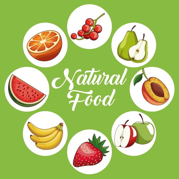 natural and organic fruits in round icons 