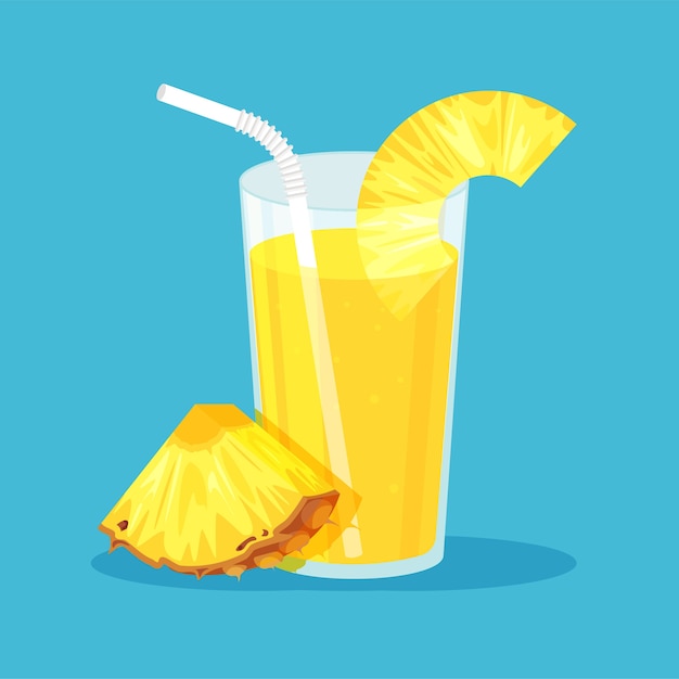 Natural pineapple juice or cocktail  in a glass. Fresh squeezed juice with cut slice and drinking straw. Healthy organic food. Citrus fruit.  in flat trendy style on blue background