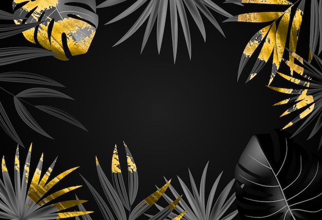 Vector natural realistic black and gold palm leaf tropical background.