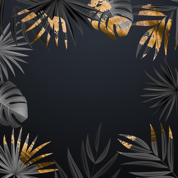 Natural realistic black and gold palm leaf tropical background.