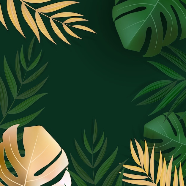 Natural Realistic Green and Gold Palm Leaf Tropical Background. 