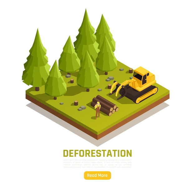 Risorse naturali conversione del legname forestale in fattorie composizione isometrica con processo di rimozione degli alberi di deforestazione