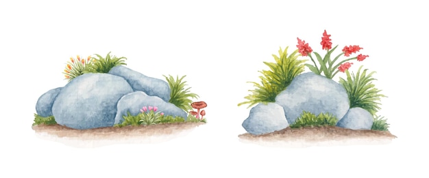 Natural rock stone with green grass illustration