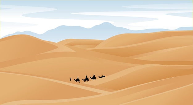 Natural scenery of the desert and camel riders background