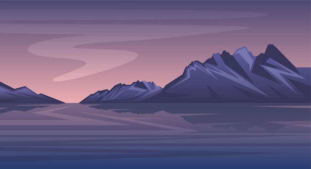 Vector natural scenery of ice mountains and sea in purple shades background