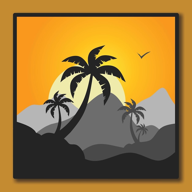 natural scenery illustration design template with a combination of mountains and coconut trees