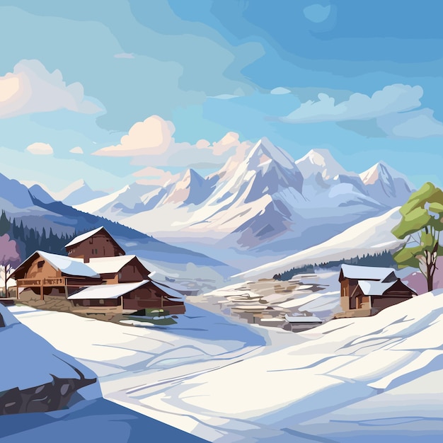 ベクトル 山の冬の季節と美しい村のベクトルの自然風景