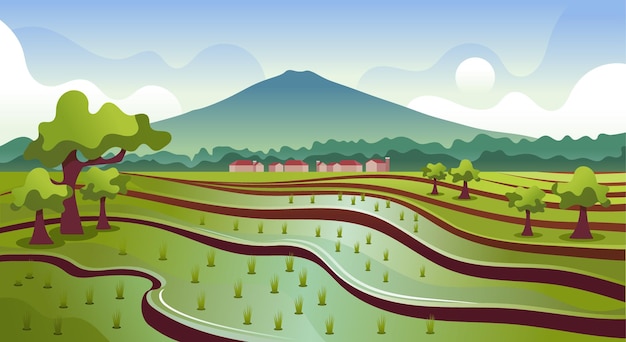 Vector natural scenery of mountains, rice fields and sky landscape