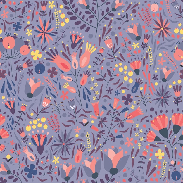 Natural seamless pattern with gorgeous blooming meadow flowers on purple background.