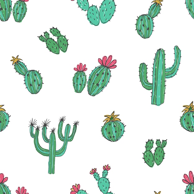 Natural seamless pattern with hand drawn green cactus on white