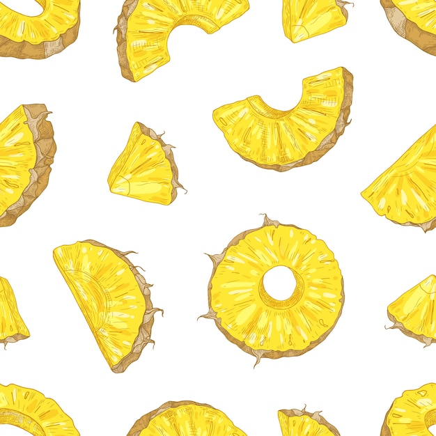 Vector natural seamless pattern with juicy pineapple pieces and slices on white background.