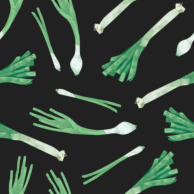 Natural seamless pattern with leek on black