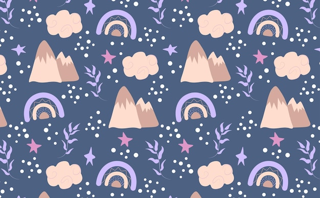 natural seamless pattern with mountains clouds and twigs Vector children's background