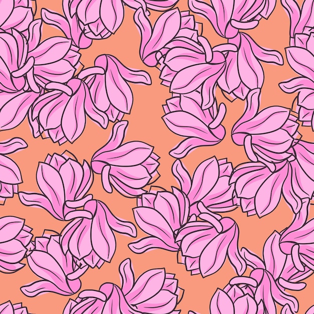 Natural seamless pattern with pink outline random magnolia flowers shapes. orange background. vector illustration for seasonal textile prints, fabric, banners, backdrops and wallpapers.