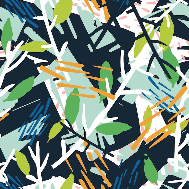 식물 가지와 혼란스러운 추상 얼룩이 있는 자연스럽고 매끄러운 패턴입니다. 단풍과 페인트 자국이 있는 배경. 포장지, 섬유 인쇄를 위한 멋진 창의적인 스타일의 현대적인 벡터 삽화.
