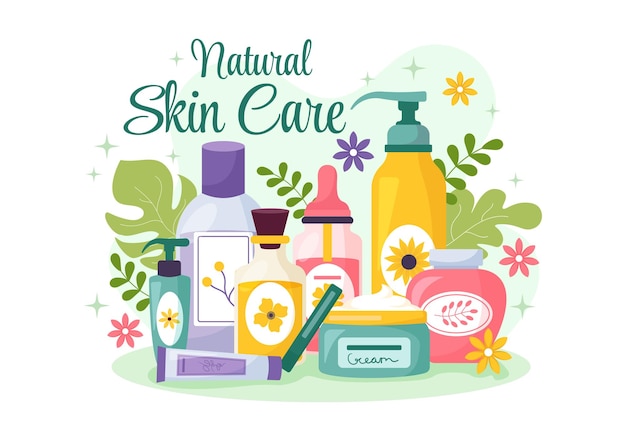 Vettore cura naturale della pelle illustrazione di donne che applicano cosmetici prodotti per la cura della pelle del viso